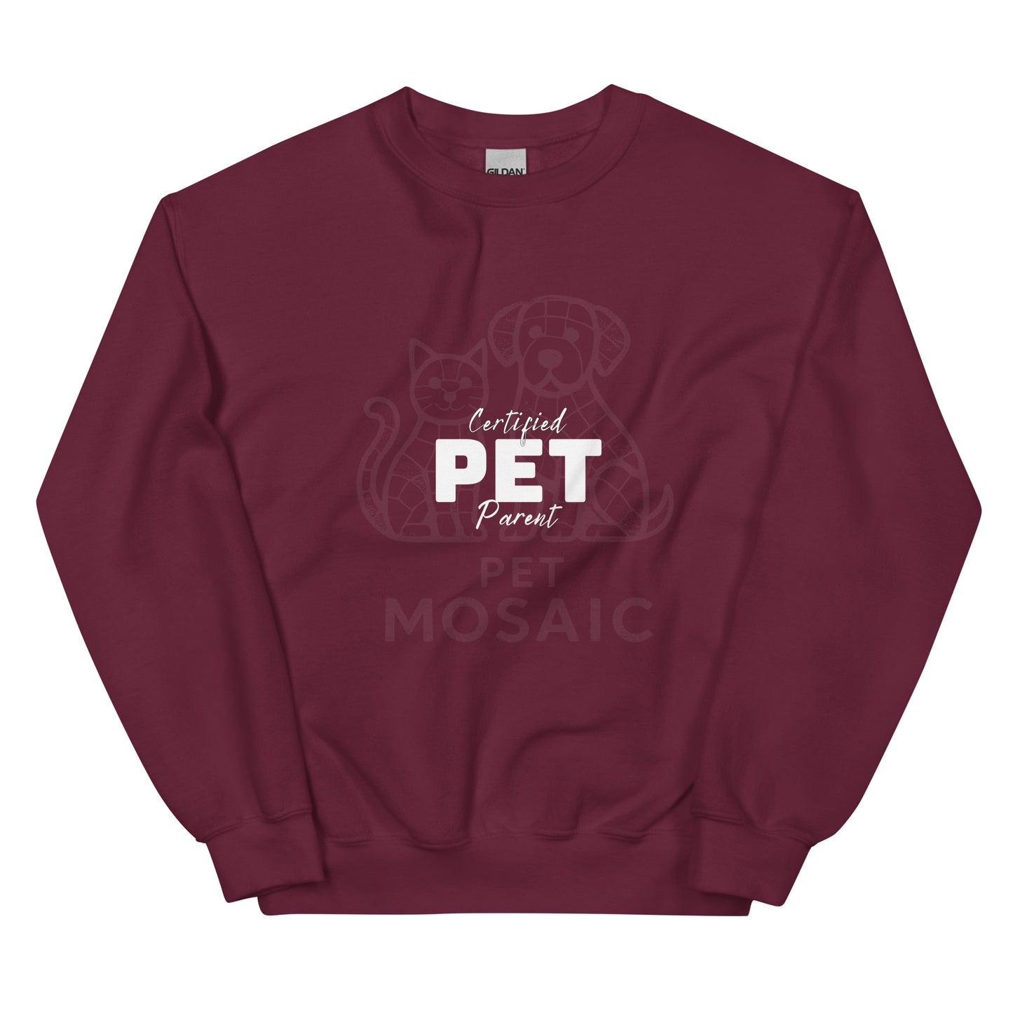Maroon sweatshirt with 'Certified Pet Parent' text and graphics on a white background