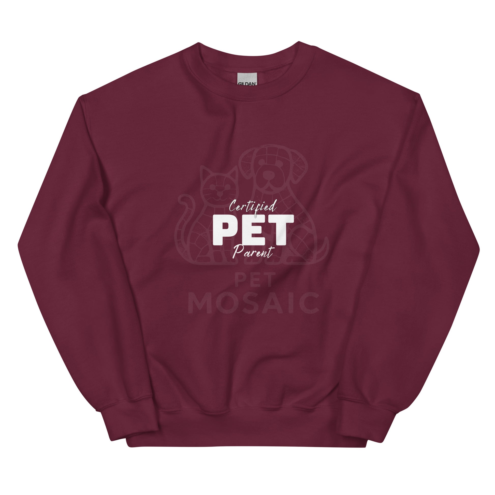 Maroon sweatshirt with 'Certified Pet Parent' text and graphics on a white background