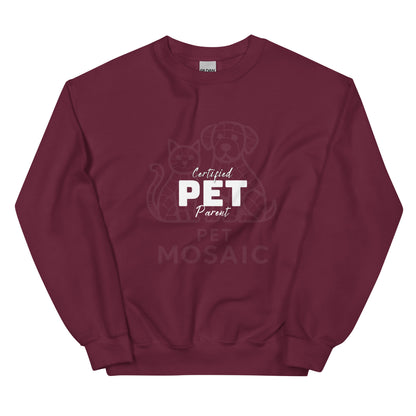 Maroon sweatshirt with 'Certified Pet Parent' text and graphics on a white background