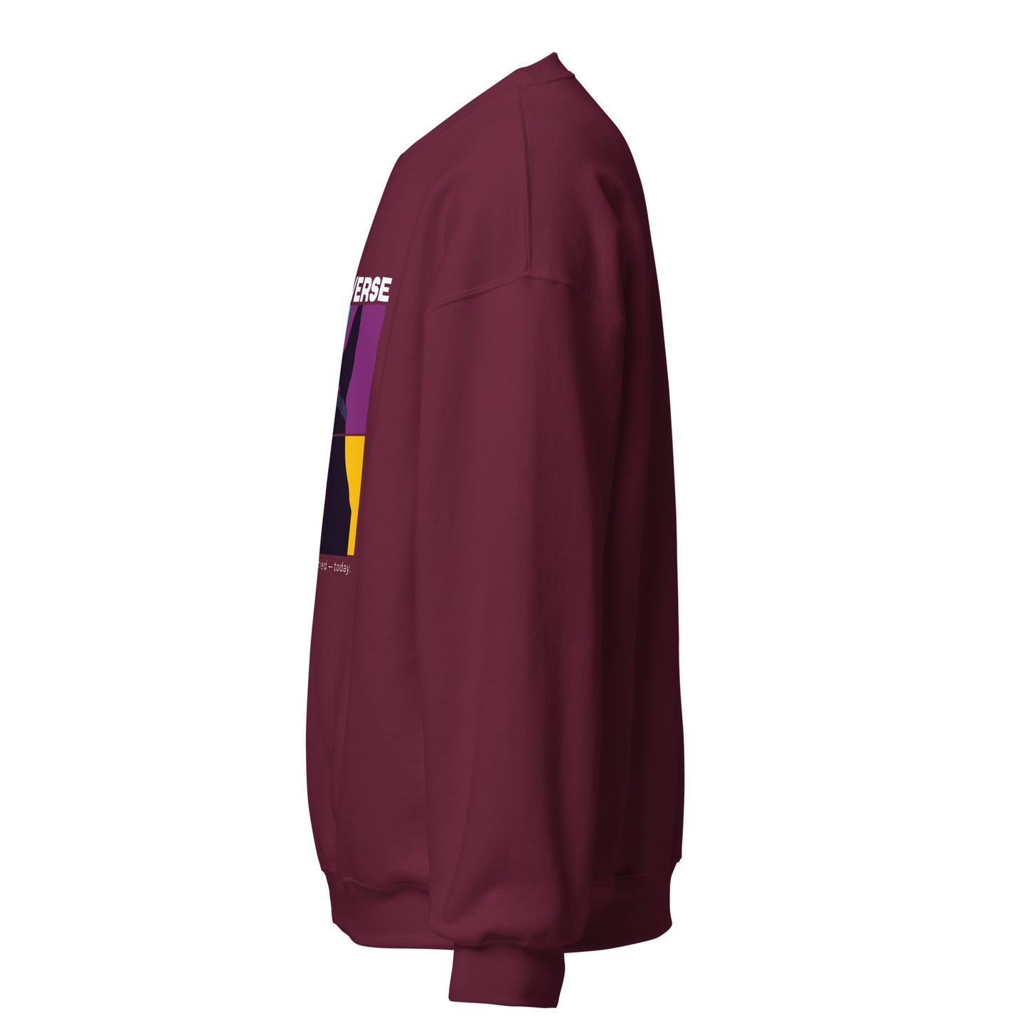 Maroon sweatshirt with a colorful logo on the chest against a white background