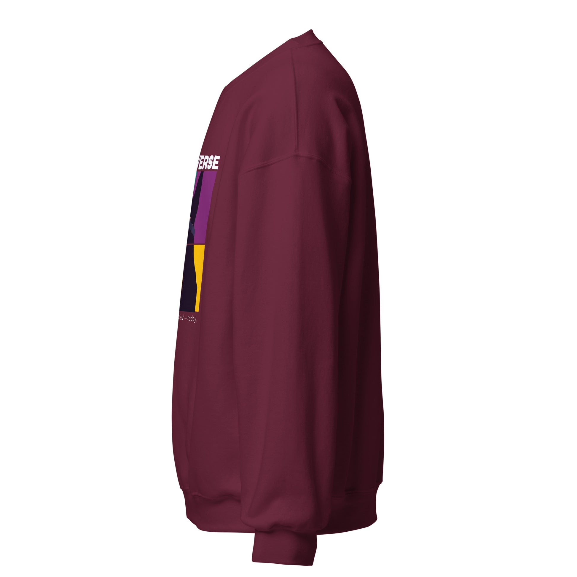 Maroon sweatshirt with a colorful logo on the chest against a white background