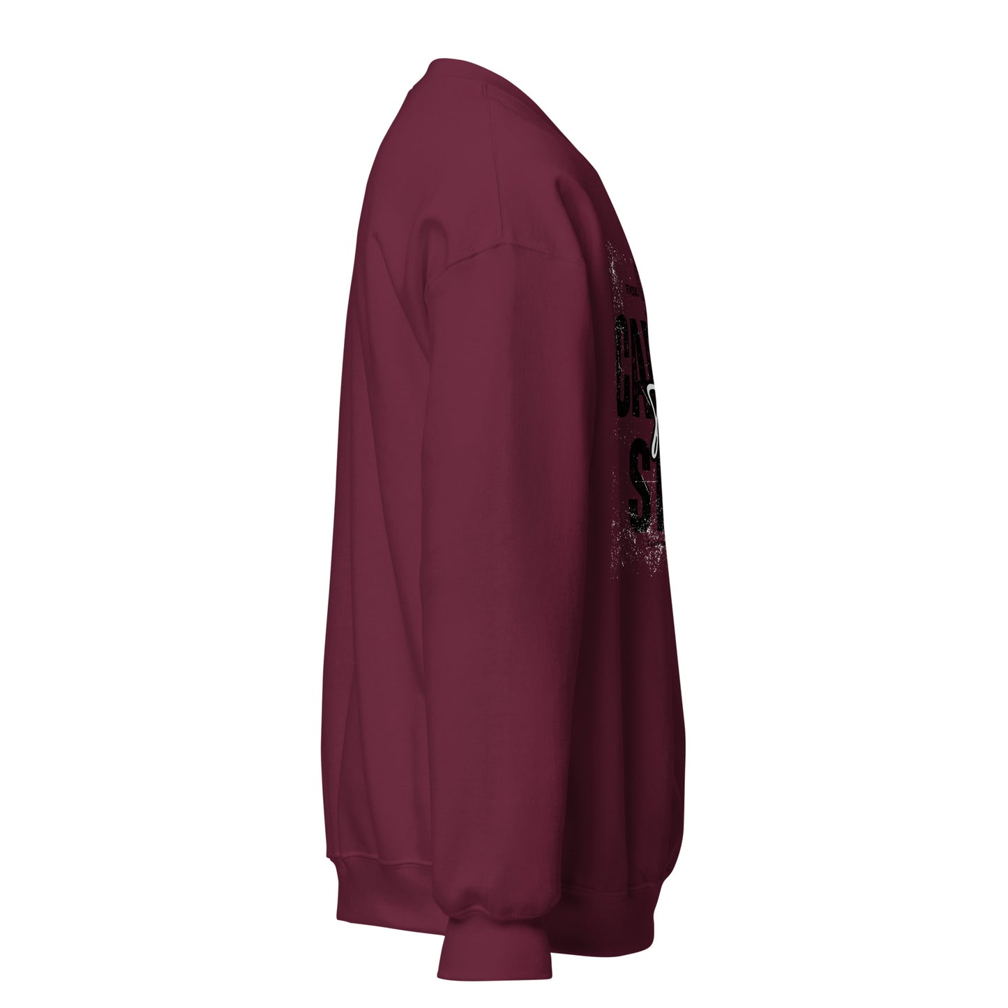 Maroon sweatshirt with text on sleeve against a white background