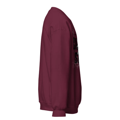 Maroon sweatshirt with text on sleeve against a white background