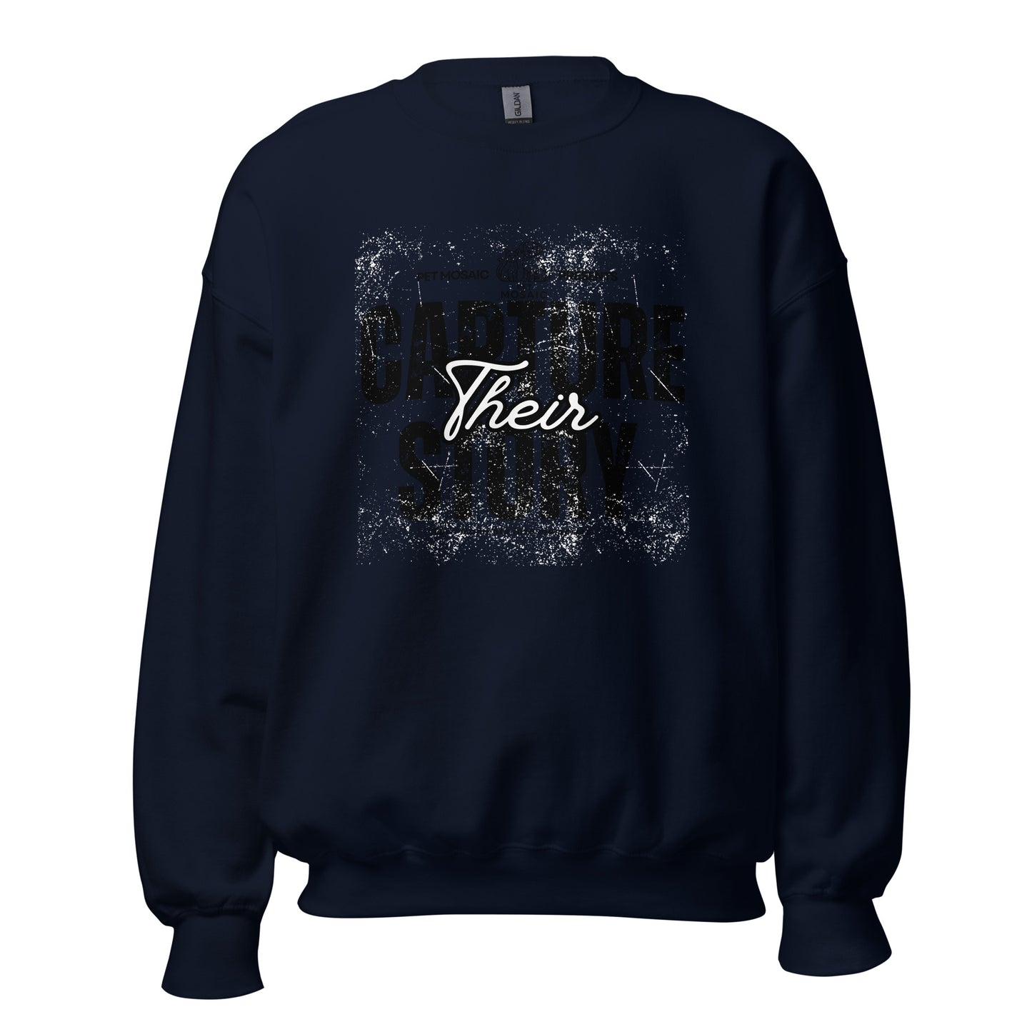 Navy sweatshirt with 'Capture Their Story' printed on it against a white background