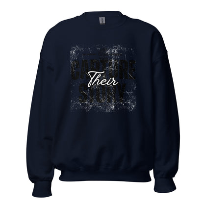 Navy sweatshirt with 'Capture Their Story' printed on it against a white background