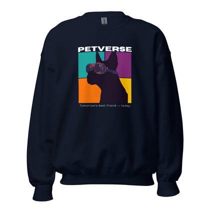 Black sweatshirt with colorful graphic and 'PETVERSE' text on a white background