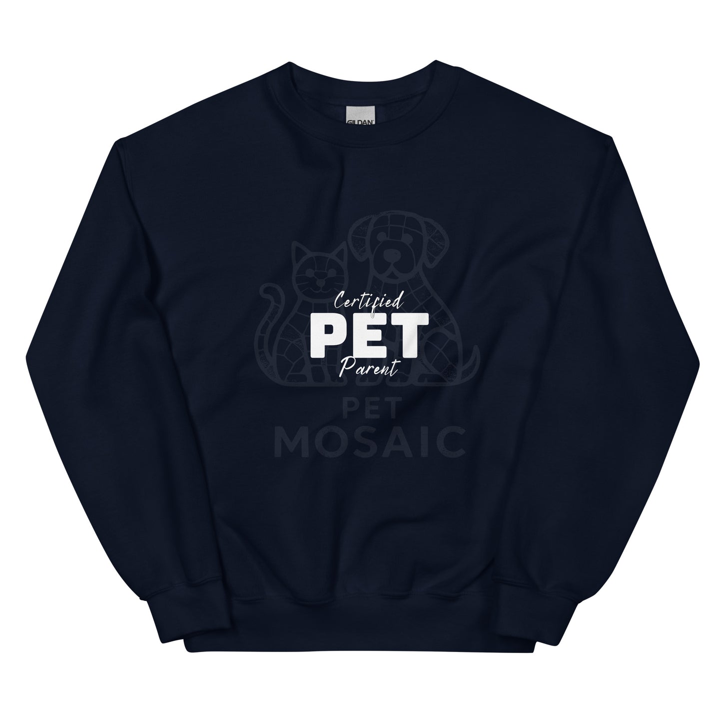 Navy blue sweatshirt with 'Certified Pet Parent' text and graphics on a white background