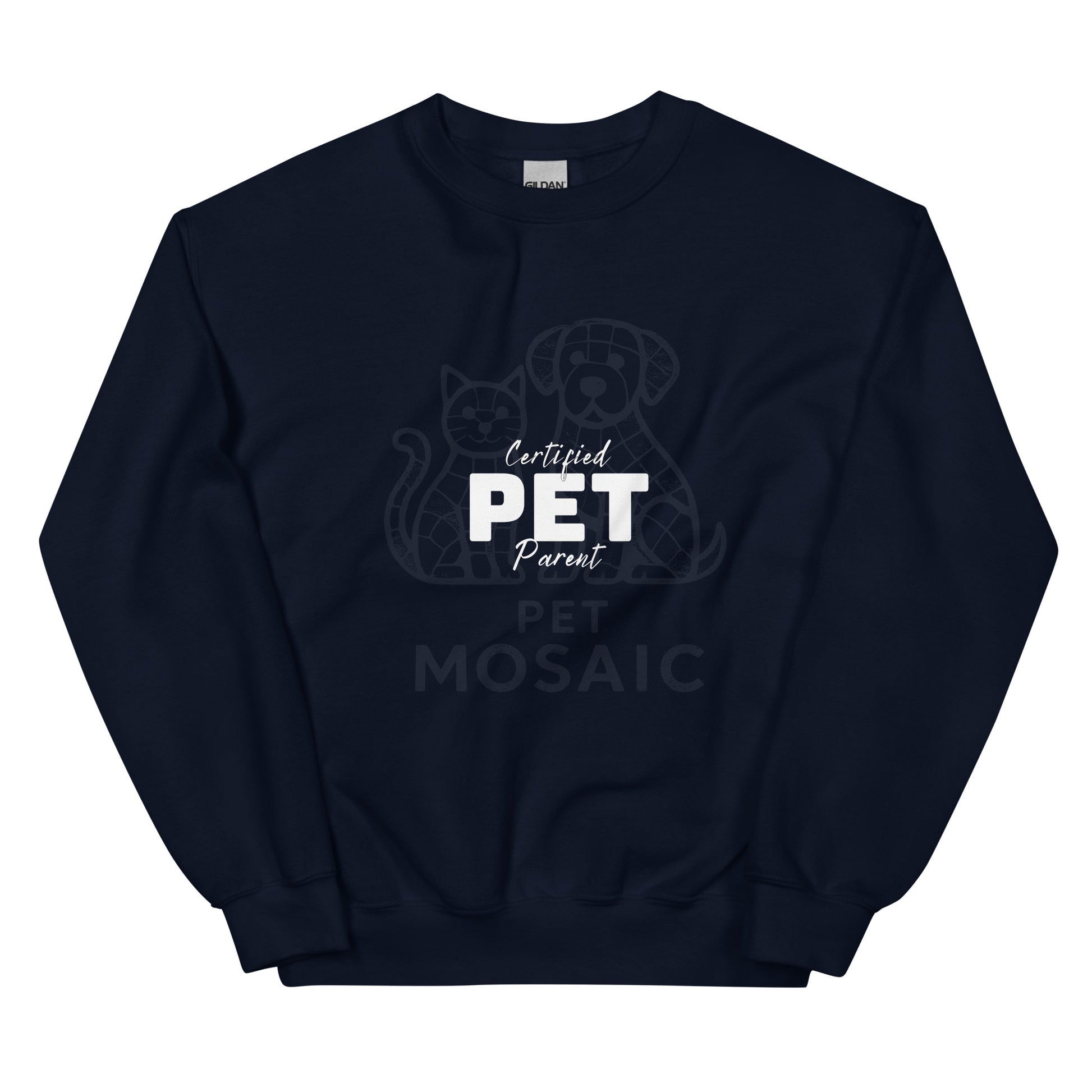 Navy blue sweatshirt with 'Certified Pet Parent' text and graphics on a white background