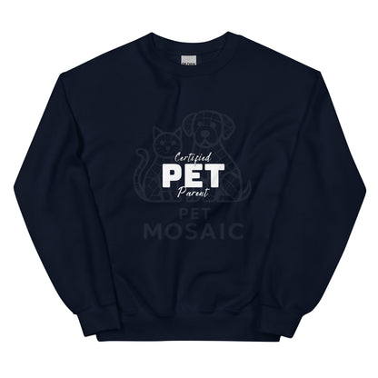 Navy blue sweatshirt with 'Certified Pet Parent' text and graphics on a white background