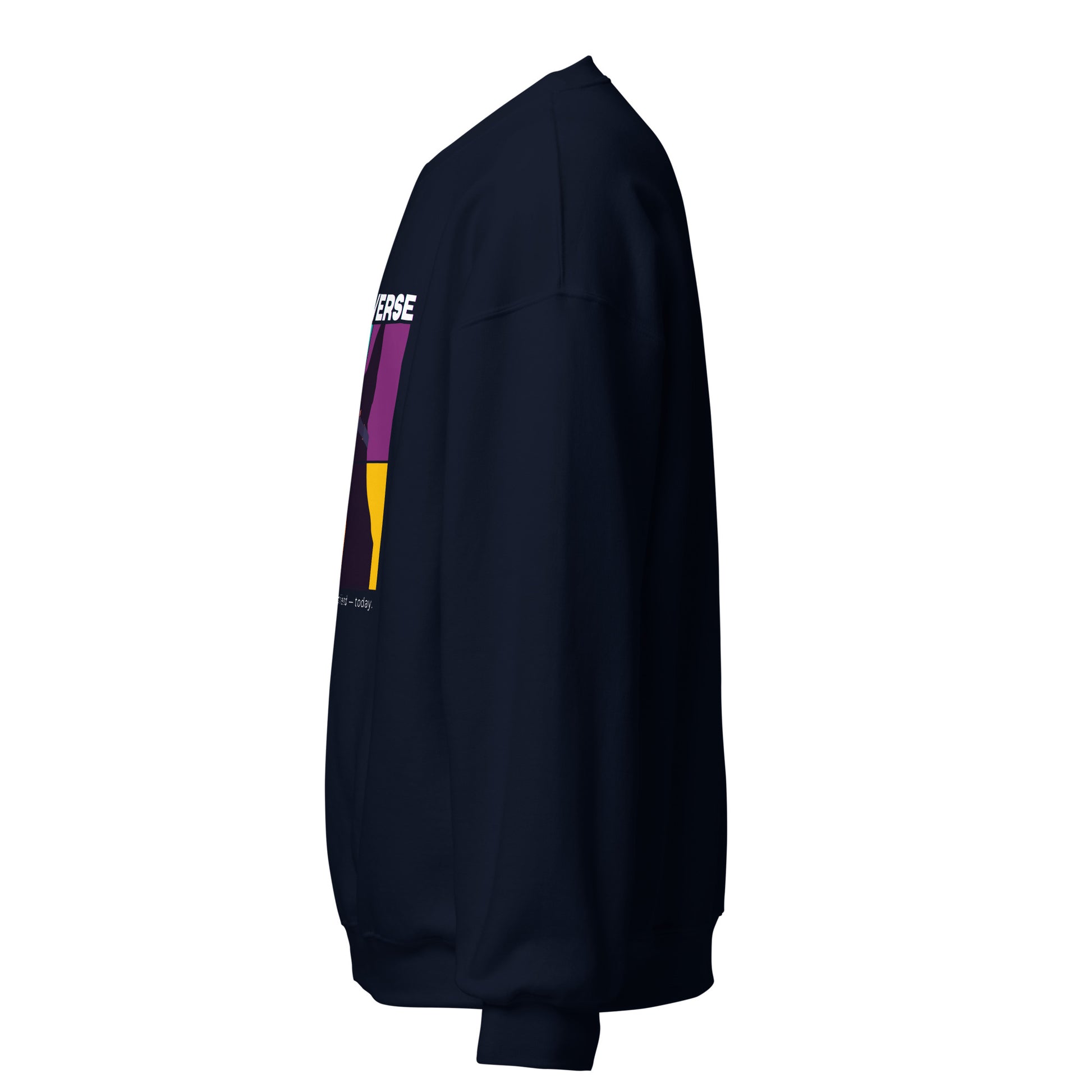 Black sweatshirt with colorful logo on sleeve against a white background