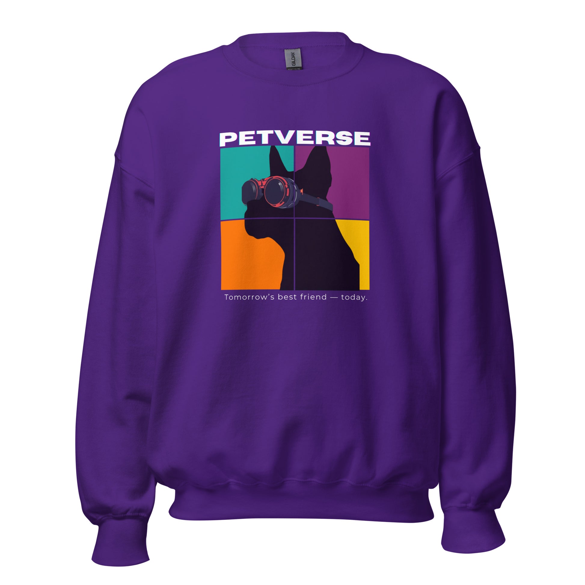 Purple sweatshirt with a graphic of a dog and 'PETVERSE' branding on a white background