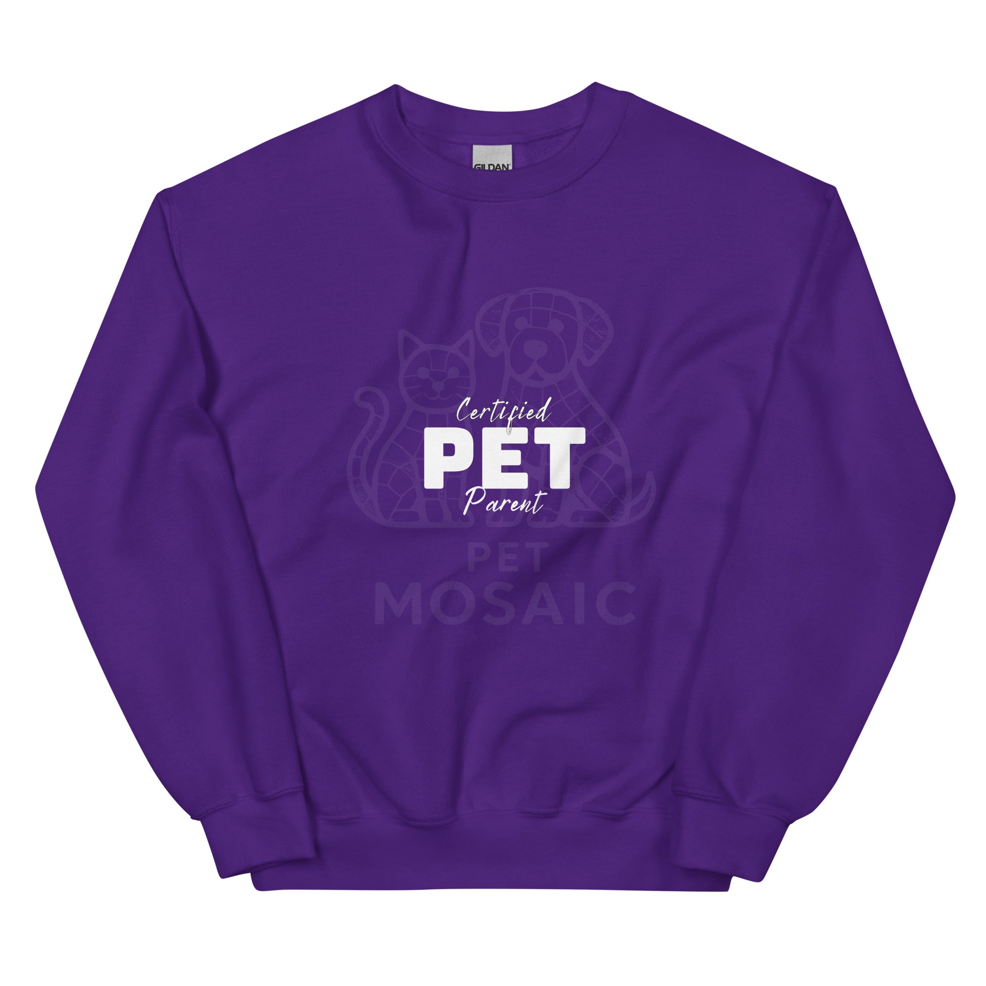 Purple sweatshirt with 'Certified Pet Parent' text and graphics on a white background