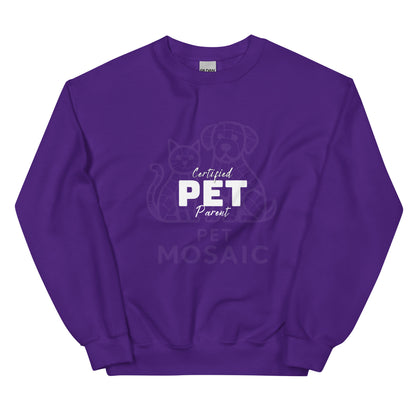 Purple sweatshirt with 'Certified Pet Parent' text and graphics on a white background