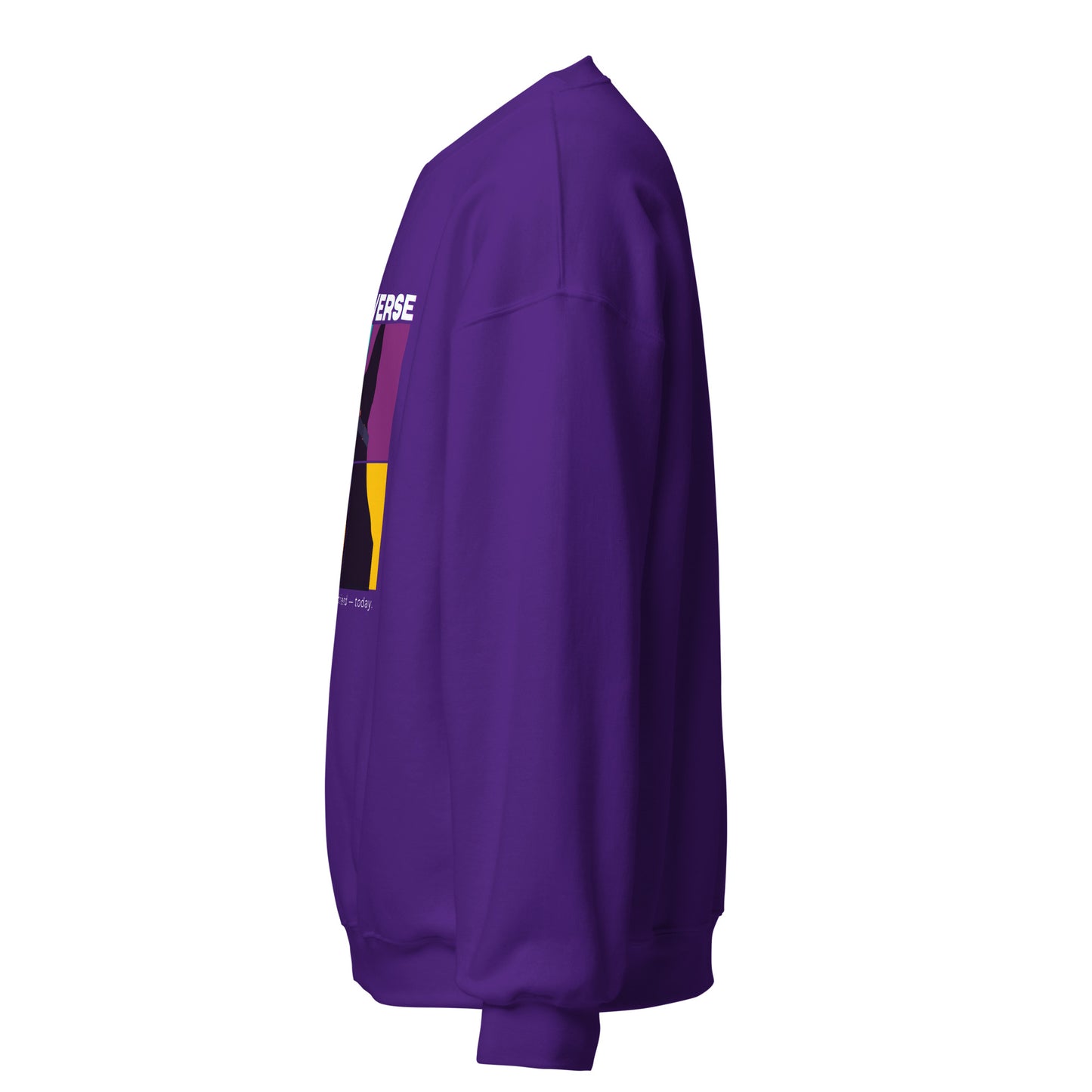 Purple sweatshirt with a colorful patch on the sleeve against a white background