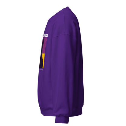 Purple sweatshirt with a colorful patch on the sleeve against a white background