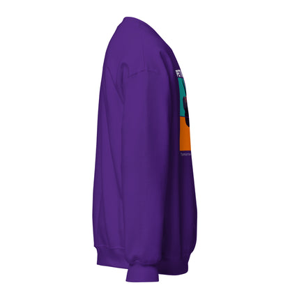 Purple sweatshirt with colorful graphic on the sleeve against a white background