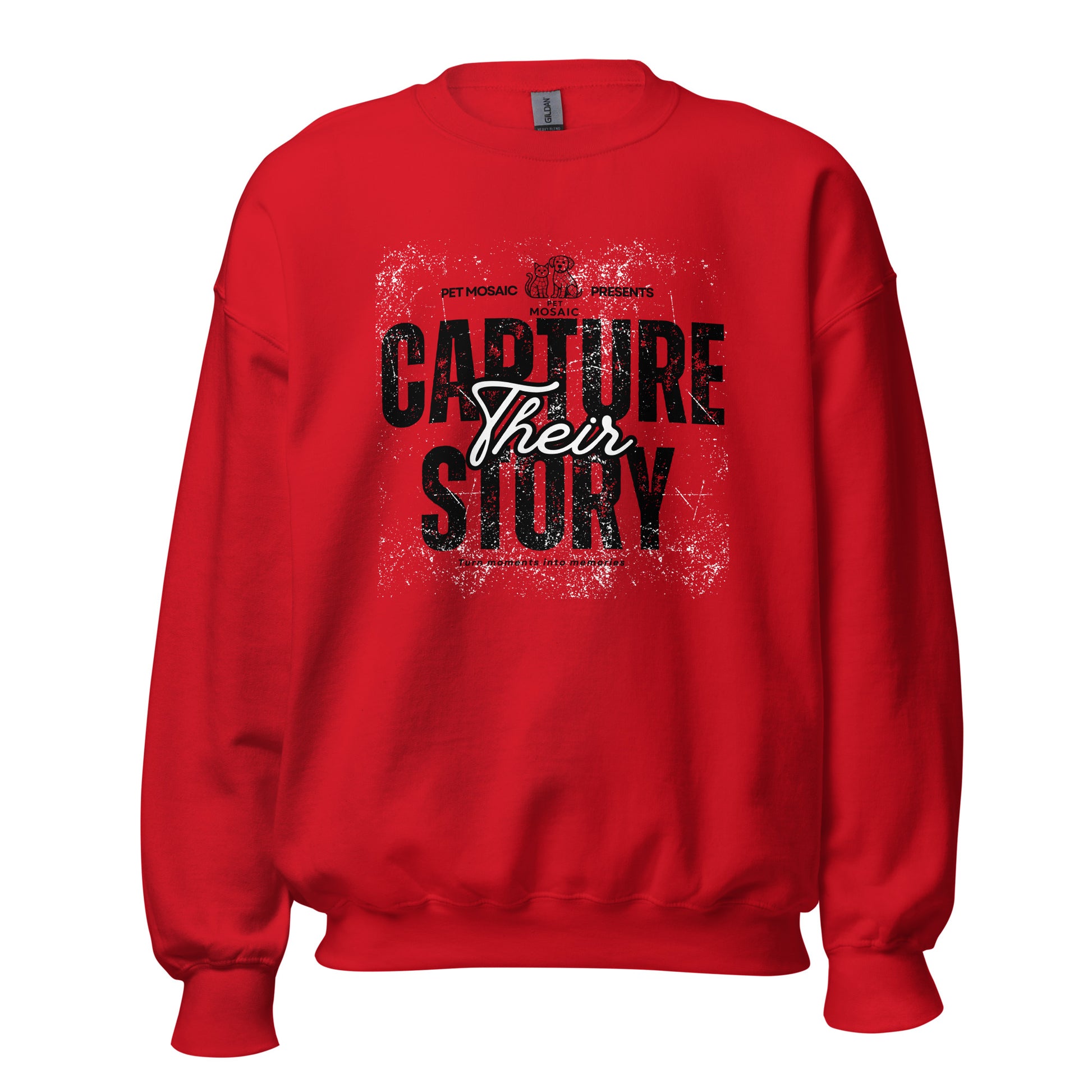 Red sweatshirt with black text 'Capture Their Story' on a white background