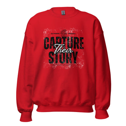 Red sweatshirt with black text 'Capture Their Story' on a white background