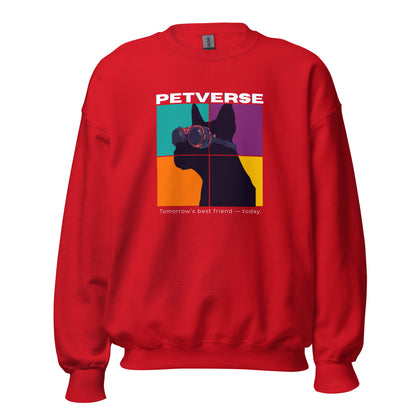 Red sweatshirt with a colorful graphic and 'PETVERSE' text on a white background