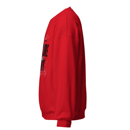 Red sweatshirt with text on the sleeve against a white background