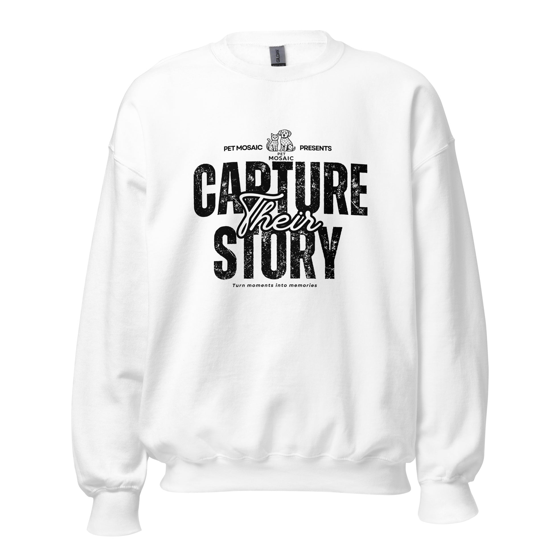 White sweatshirt with black text 'Capture Their Story' on a white background