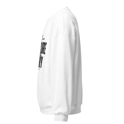 White sweatshirt with black text on sleeve against a white background