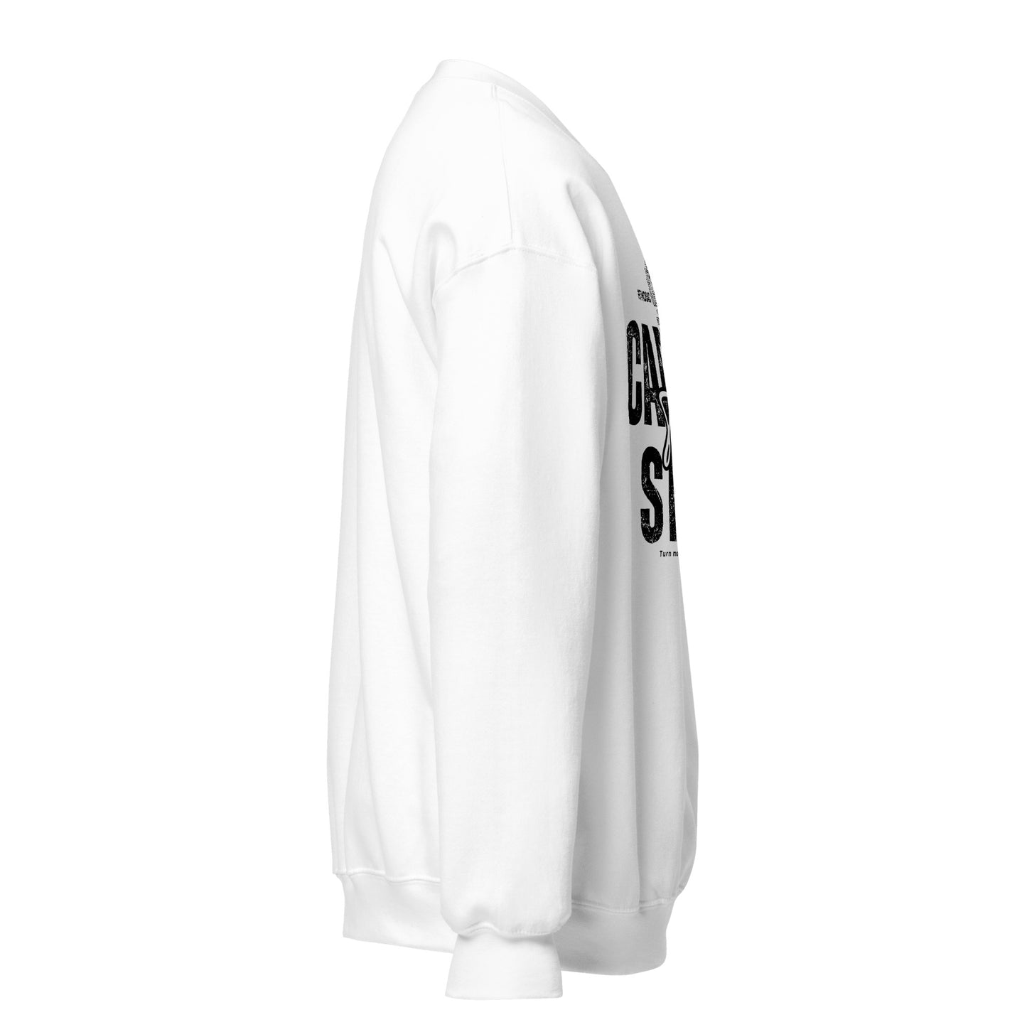 White sweatshirt with text on the sleeve against a white background