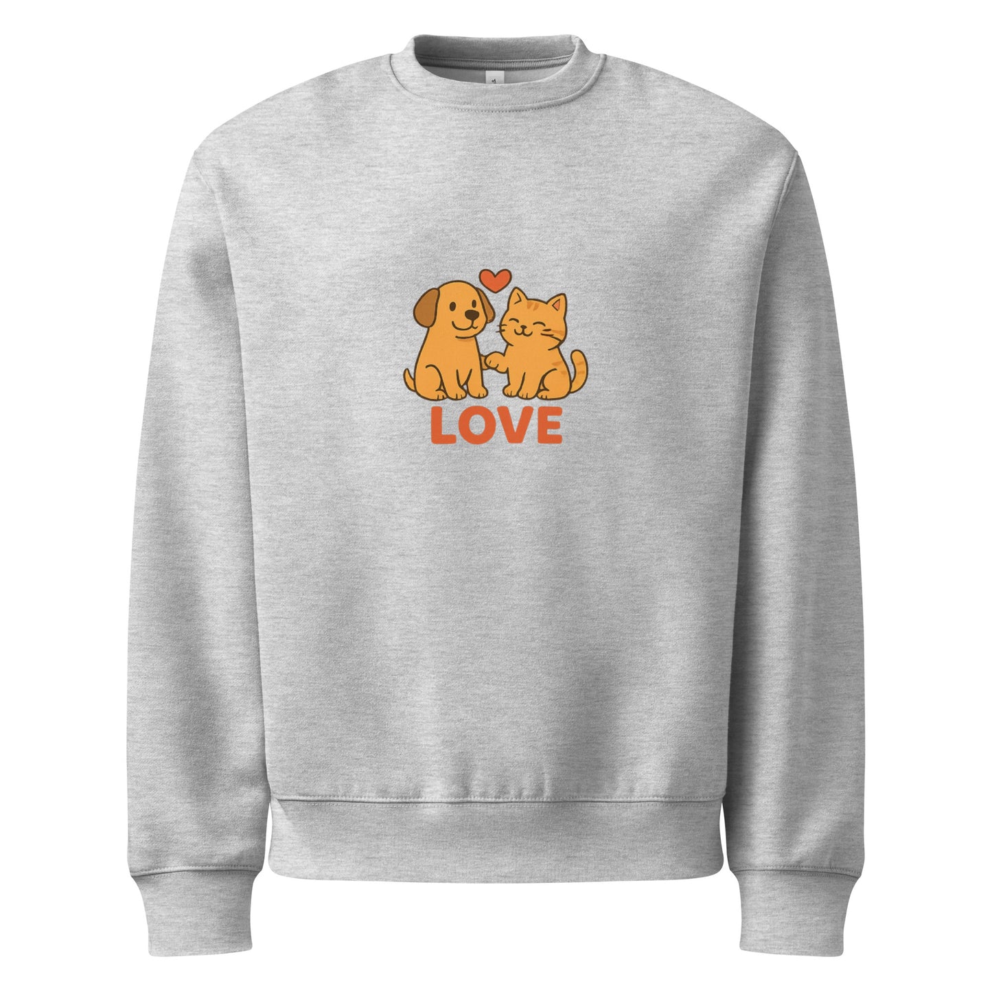 Gray sweatshirt with a dog and cat illustration and 'LOVE' text on a white background