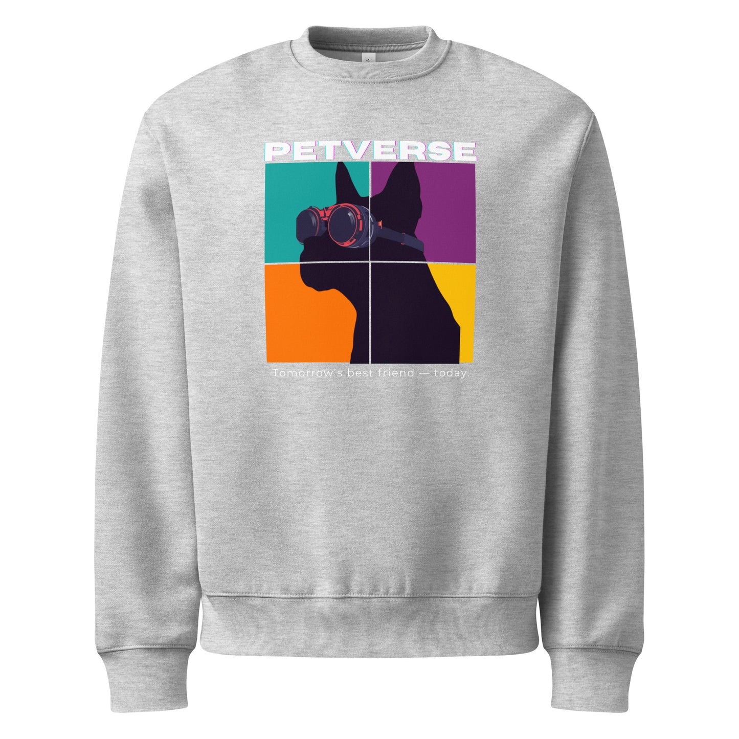 Gray sweatshirt with colorful graphic and 'PETVERSE' text on a white background