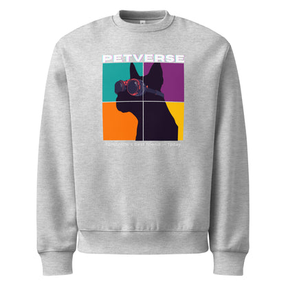 Gray sweatshirt with colorful graphic and 'PETVERSE' text on a white background