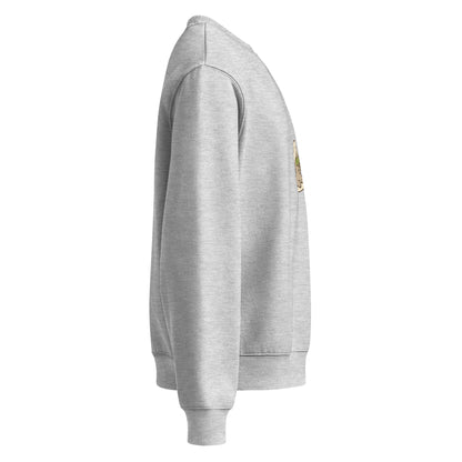 Gray sweatshirt with a logo on the sleeve against a white background