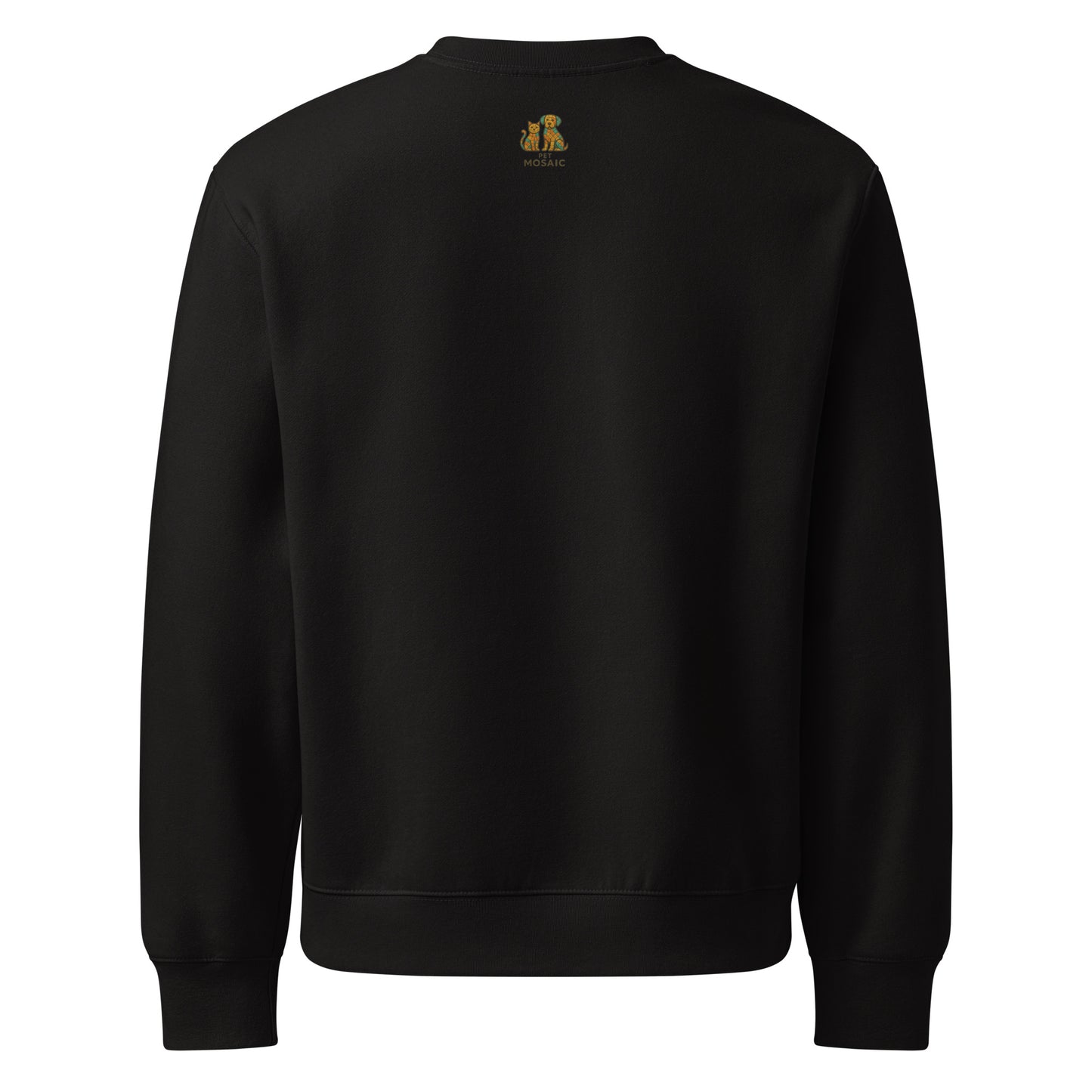 Black sweatshirt with a small logo on the chest against a white background