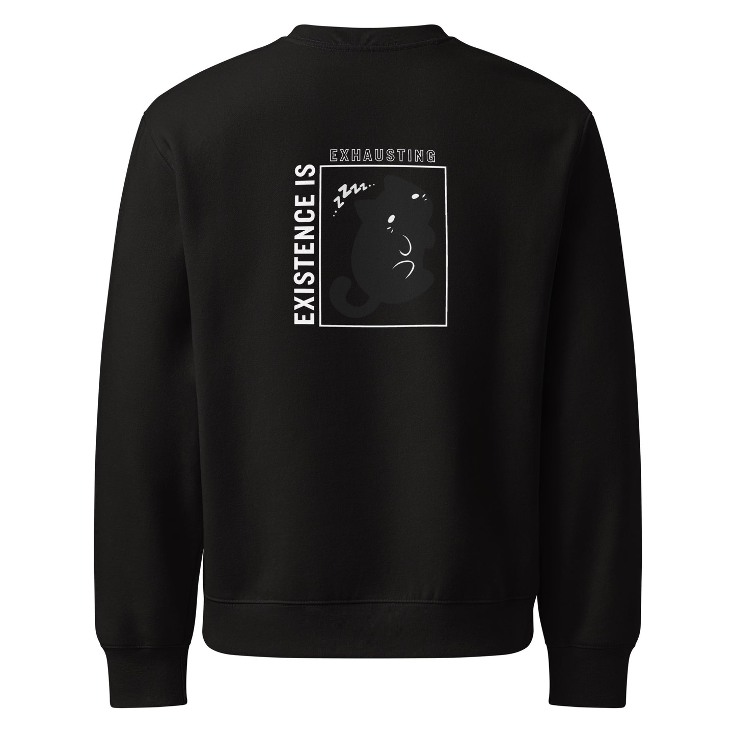 Black sweatshirt with text and graphic on the back against a white background