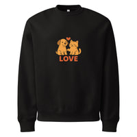 Black sweatshirt with a dog and cat illustration and 'LOVE' text on a white background