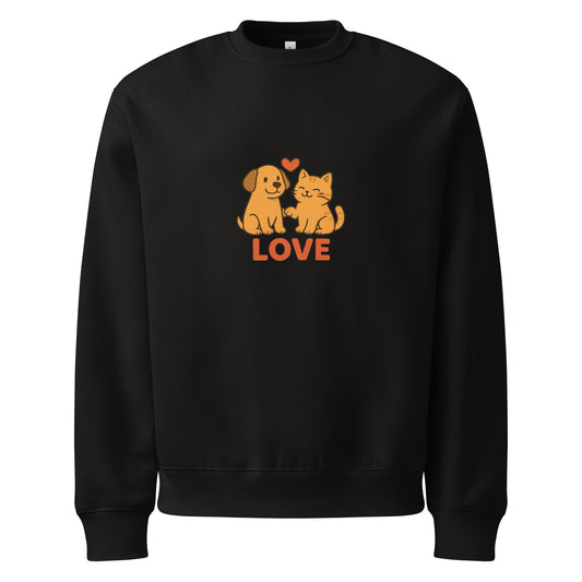 Black sweatshirt with a dog and cat illustration and 'LOVE' text on a white background