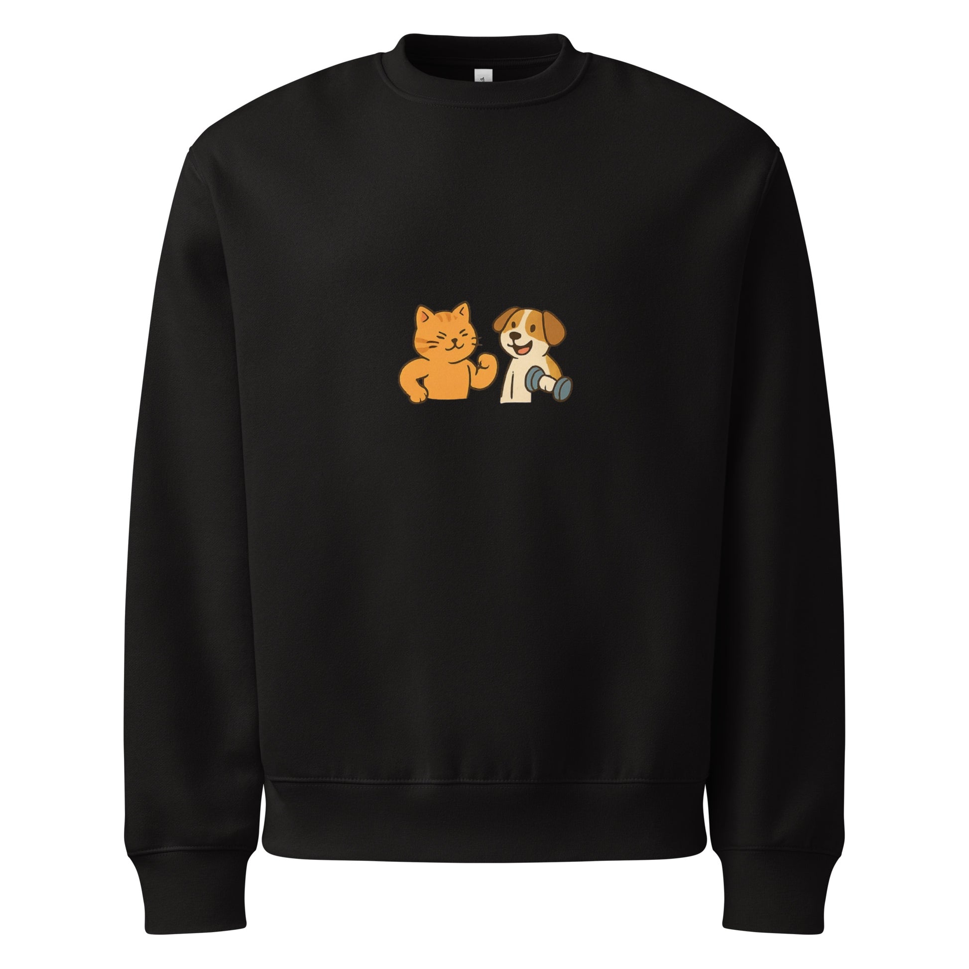 Black sweatshirt with cartoon cat and dog design on a white background