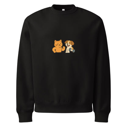 Black sweatshirt with cartoon cat and dog design on a white background