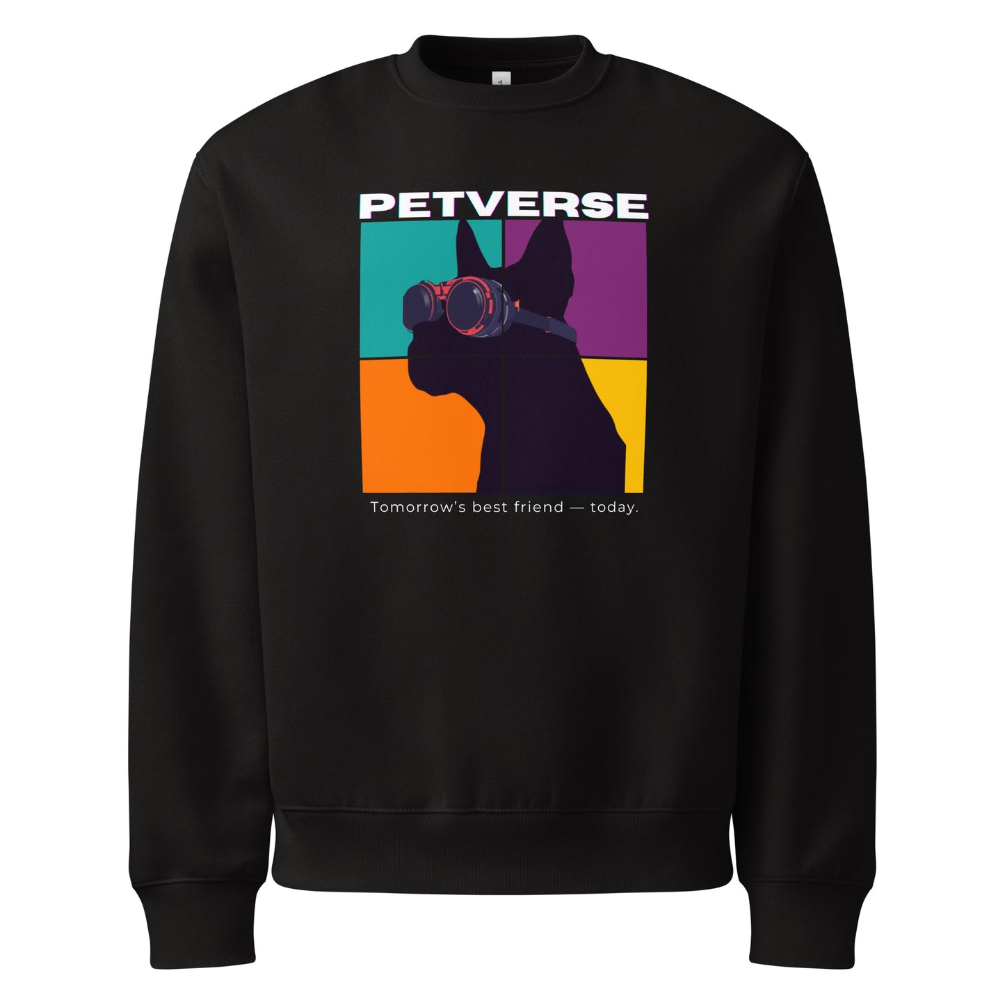 Black sweatshirt with a colorful graphic of a dog and 'PETVERSE' branding on a white background