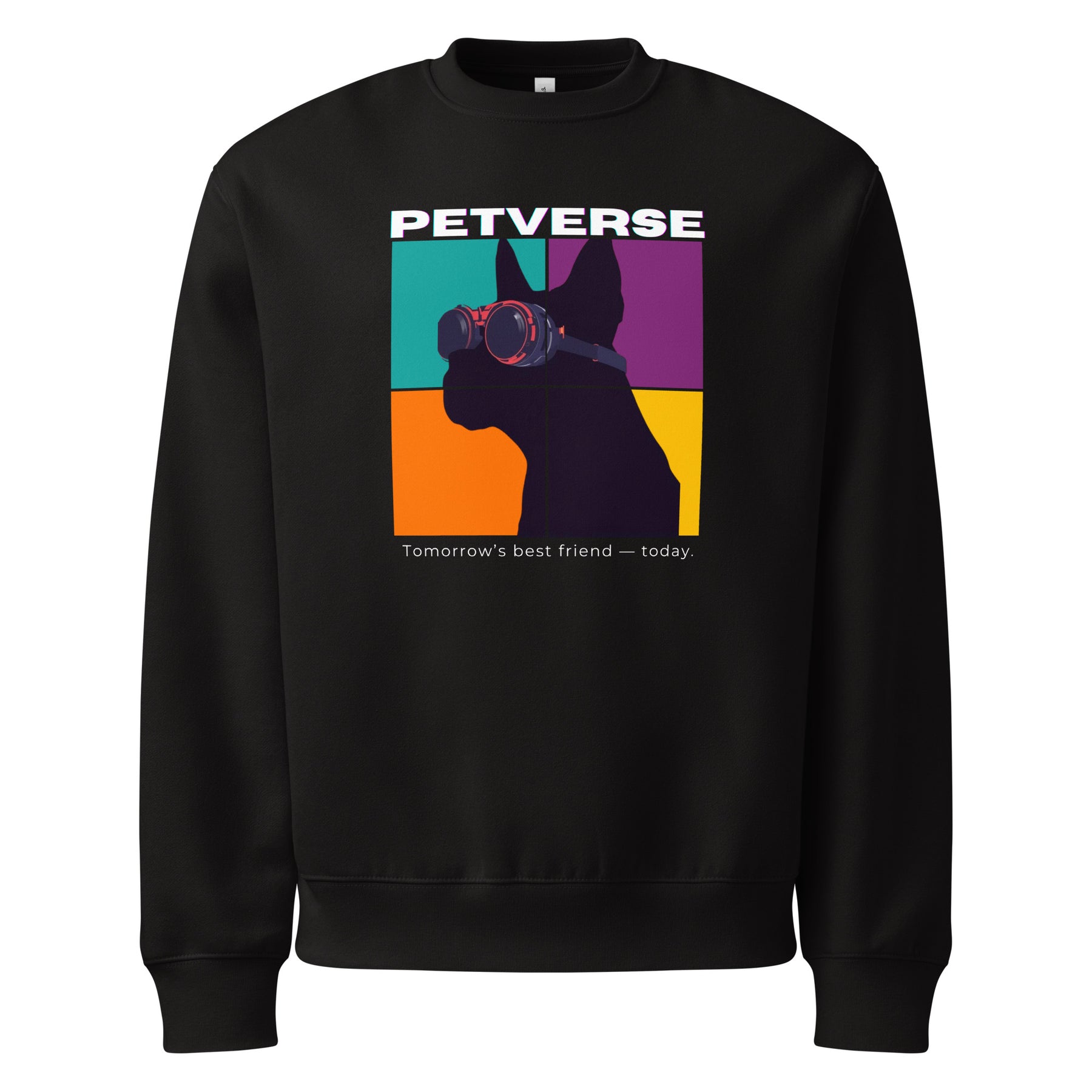 Black sweatshirt with a colorful graphic of a dog and 'PETVERSE' branding on a white background