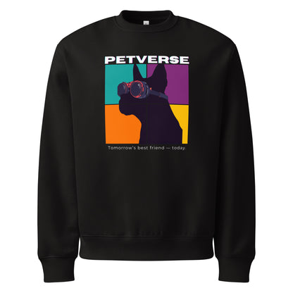 Black sweatshirt with a colorful graphic of a dog and 'PETVERSE' branding on a white background