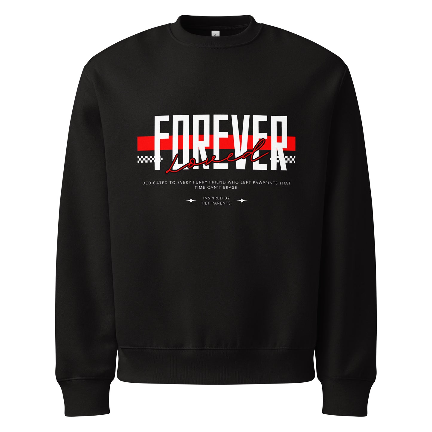 Black sweatshirt with 'Forever Loved' text design on a white background