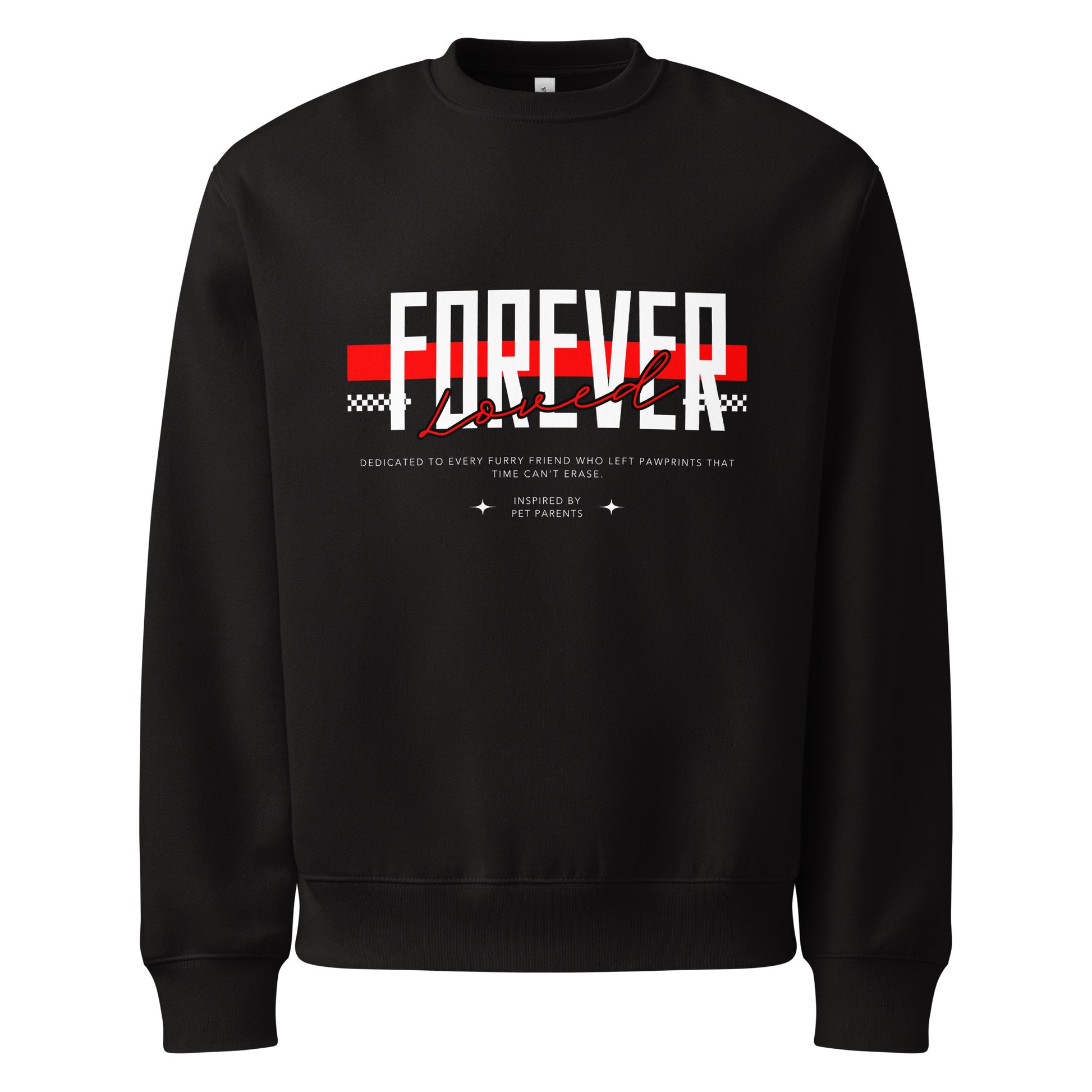 Black sweatshirt with 'Forever Loved' text design on a white background