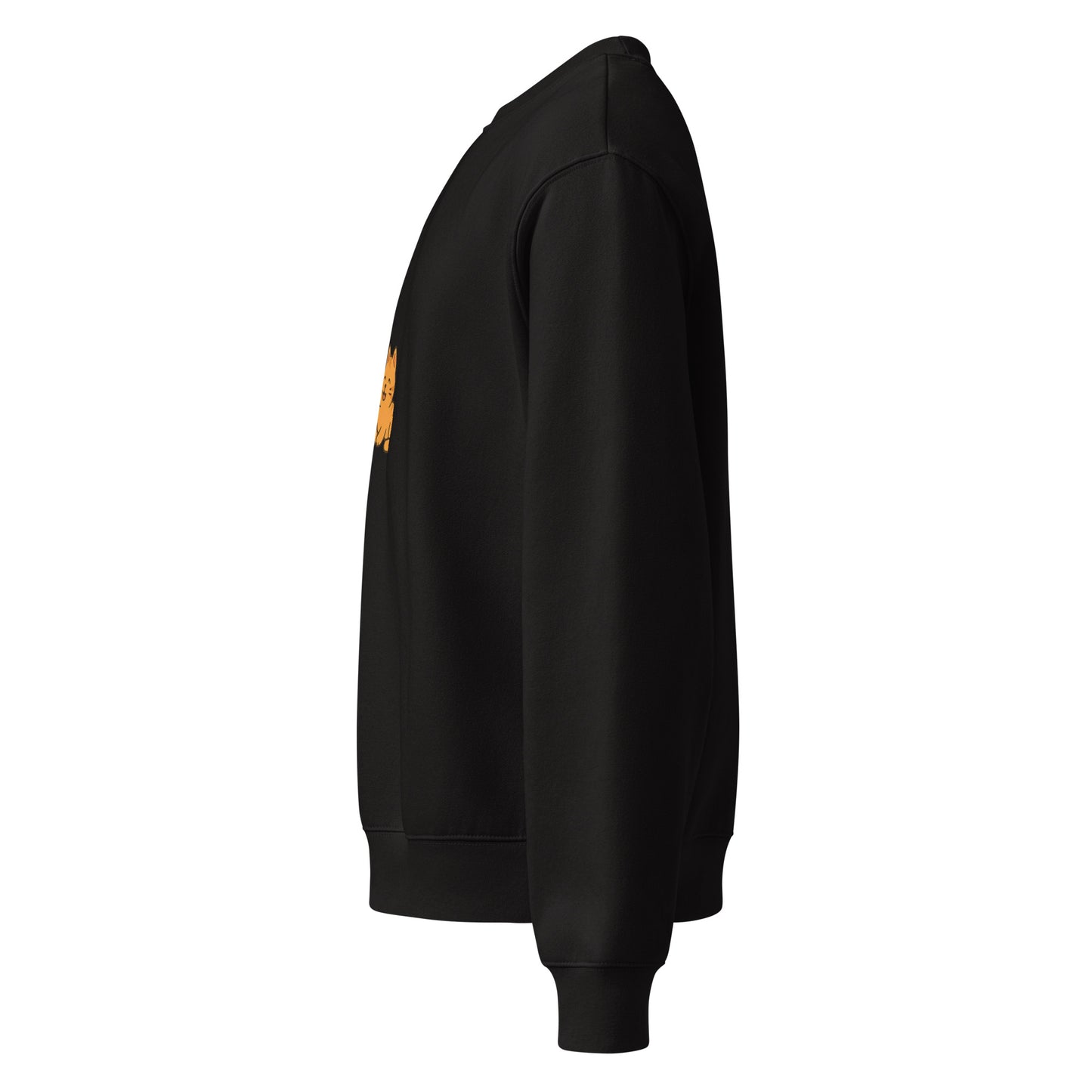 Black sweatshirt with a small yellow logo on the chest against a white background