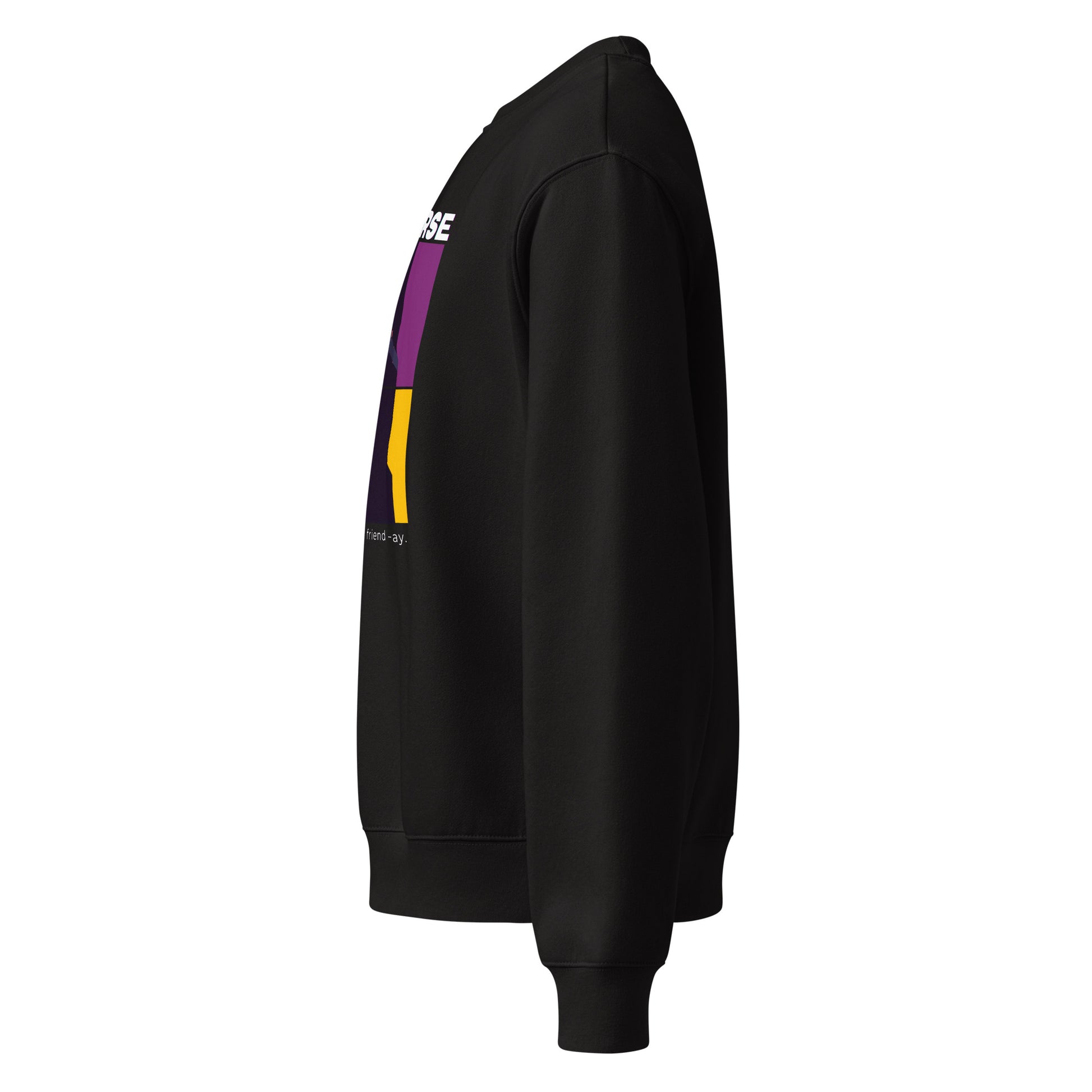Black sweatshirt with colorful design on sleeve against a white background