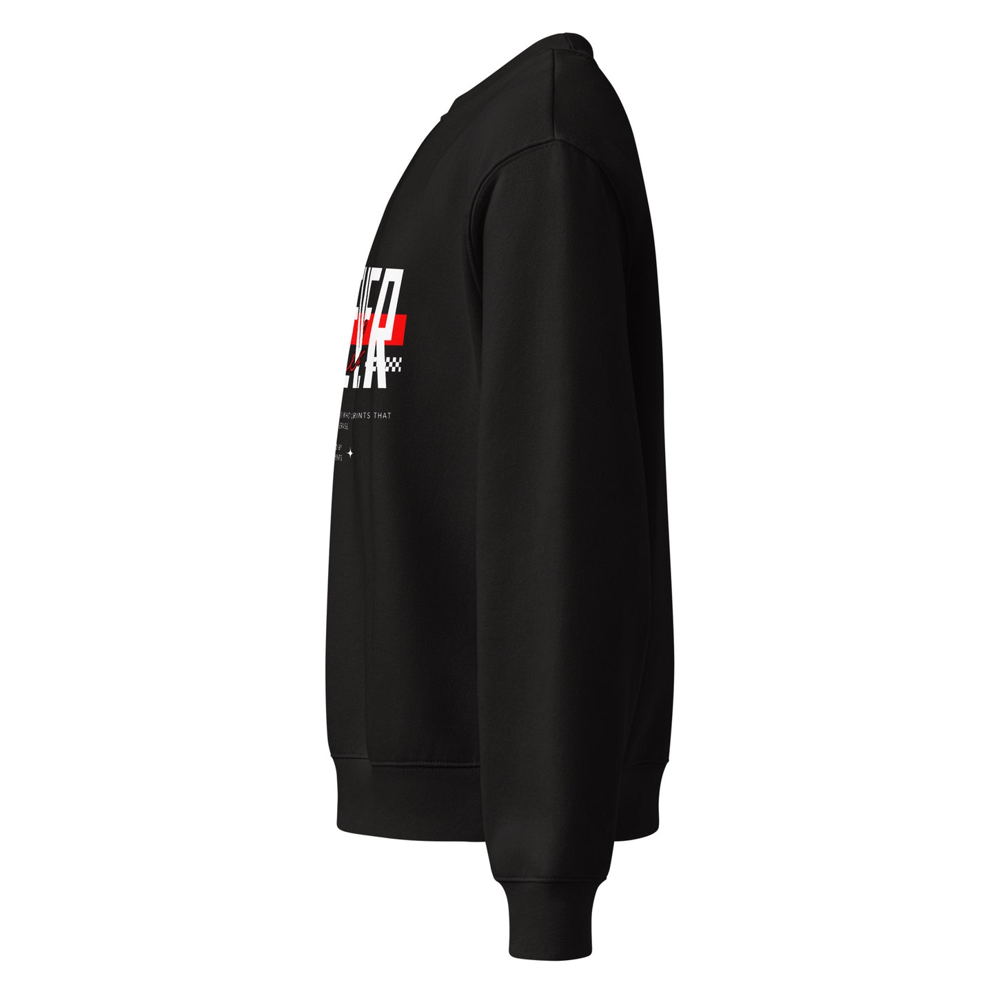 Black sweatshirt with a logo on the sleeve against a white background