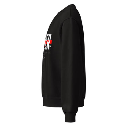 Black sweatshirt with a logo on the sleeve against a white background