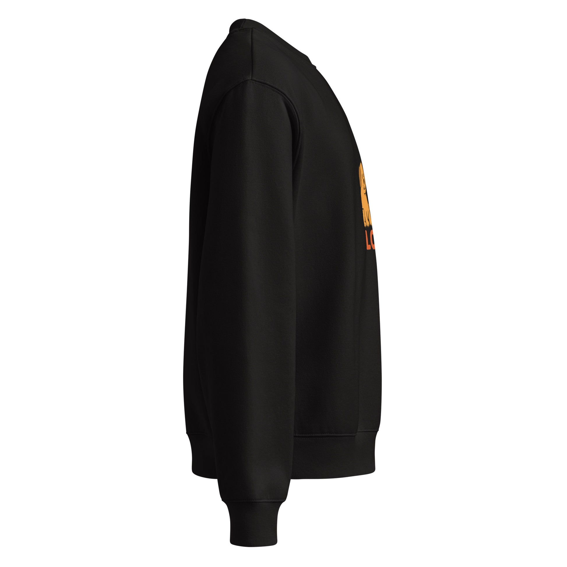 Black hoodie with a logo on the sleeve against a white background