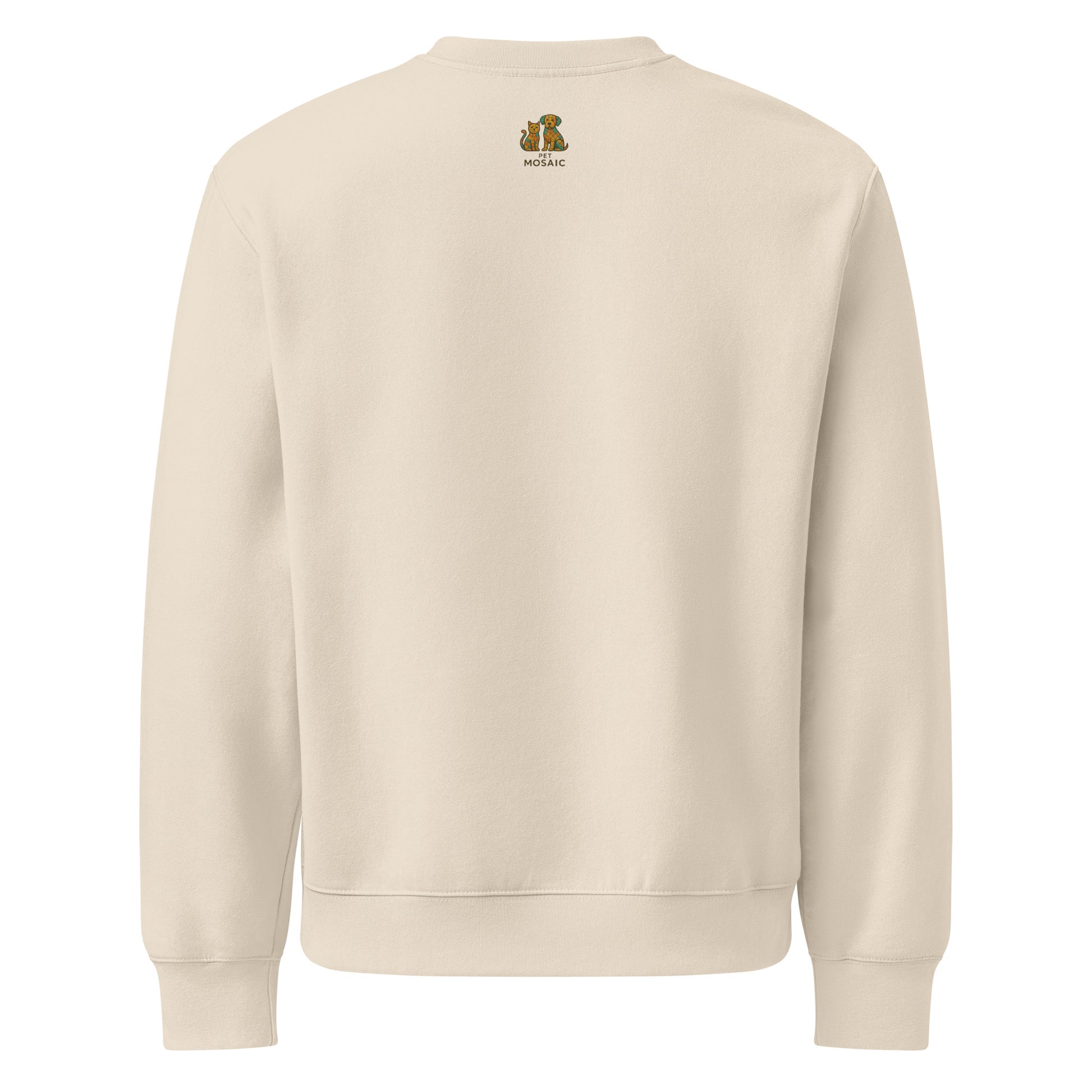 Beige sweatshirt with a logo on the chest area against a white background
