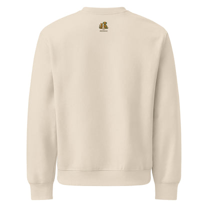 Beige sweatshirt with a logo on the chest area against a white background