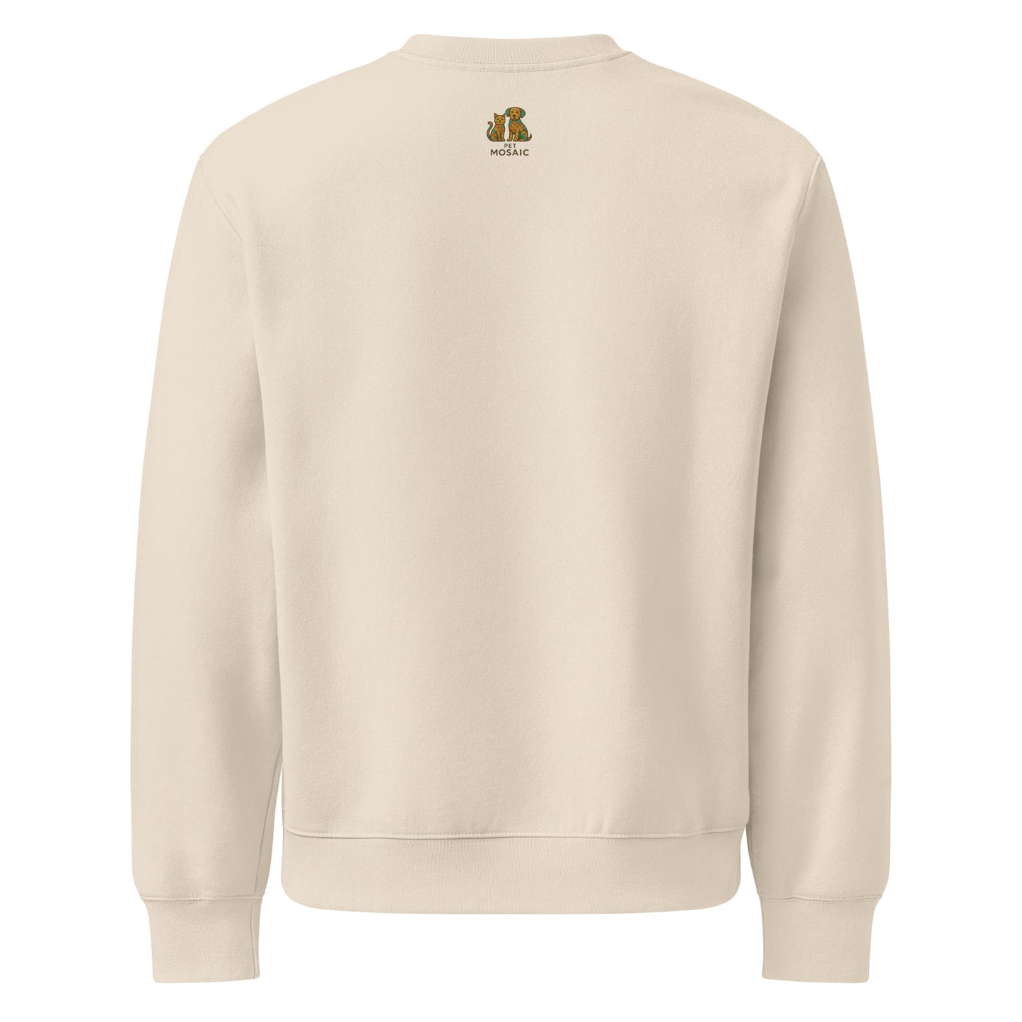 Beige sweatshirt with a logo on the chest area against a white background
